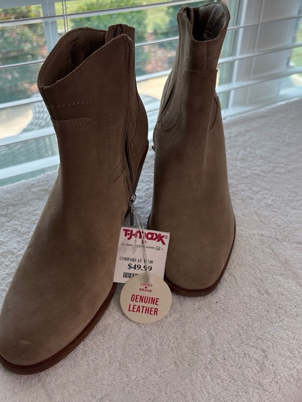 Lucky Brand Taupe Suede Zip Ankle Booties